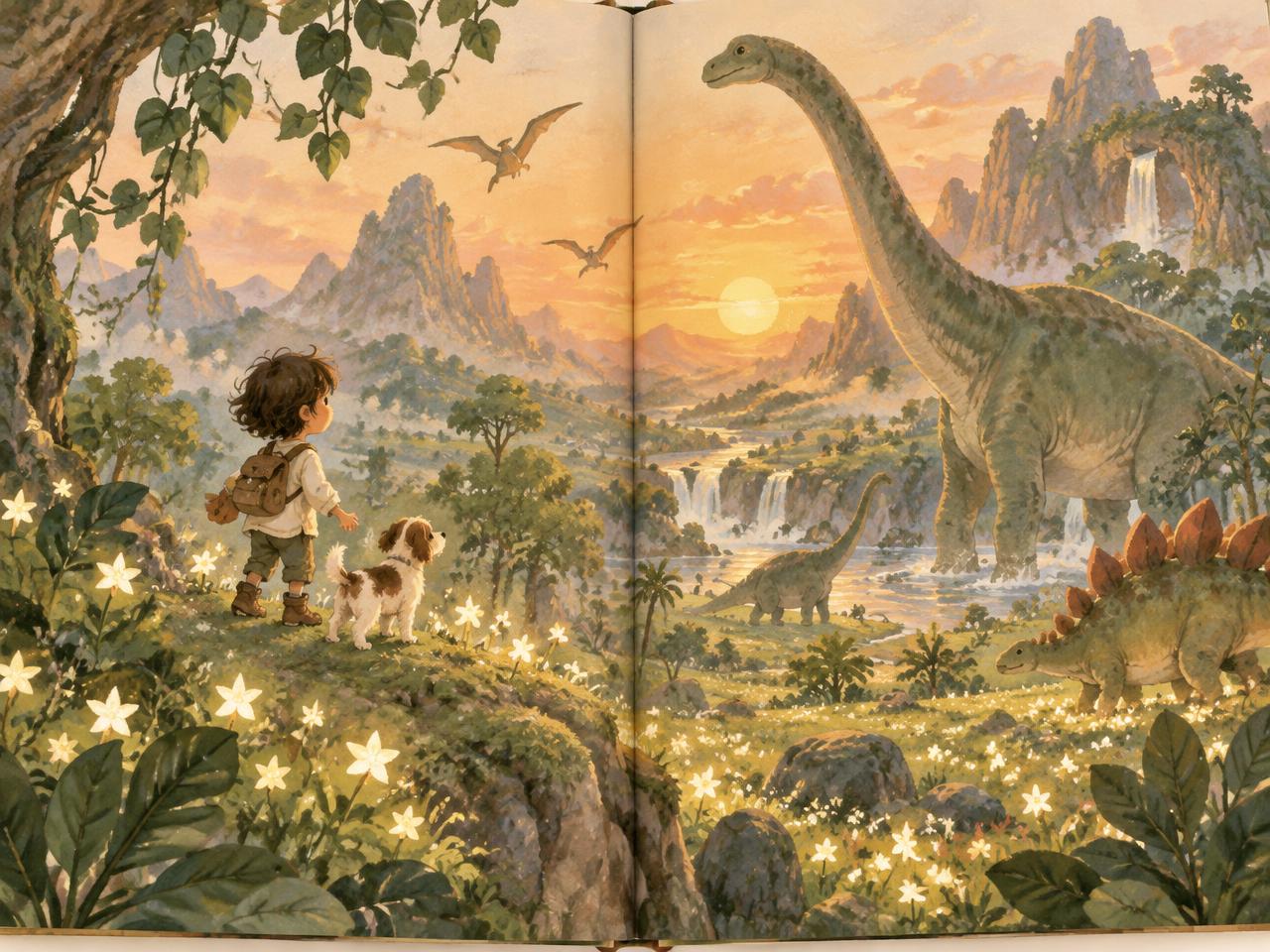 Sample storybook spread showing a child and their dog looking out over a dinosaur valley at sunset